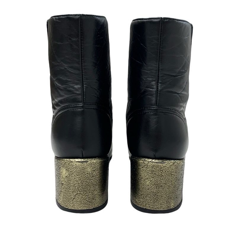 Chanel Boots Short Shoes Leather Black Coco Mark Pearl Lace Up Wrinkle — view 5