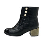 Chanel Boots Short Shoes Leather Black Coco Mark Pearl Lace Up Wrinkle — view 3