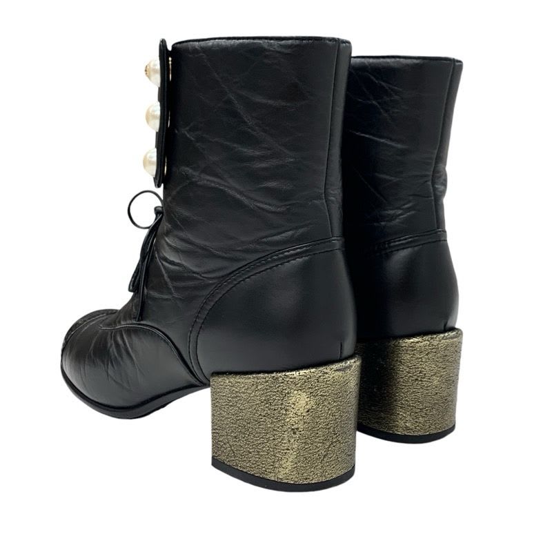 Chanel Boots Short Shoes Leather Black Coco Mark Pearl Lace Up Wrinkle — view 4