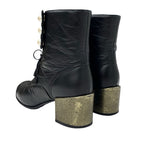 Chanel Boots Short Shoes Leather Black Coco Mark Pearl Lace Up Wrinkle — view 4