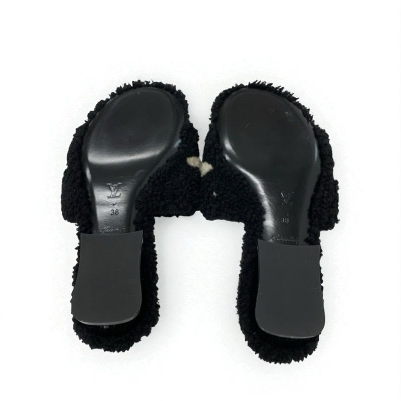 Louis Vuitton Paseo Line Monogram Sandals Shoes Shearling Black White Mule — view 6