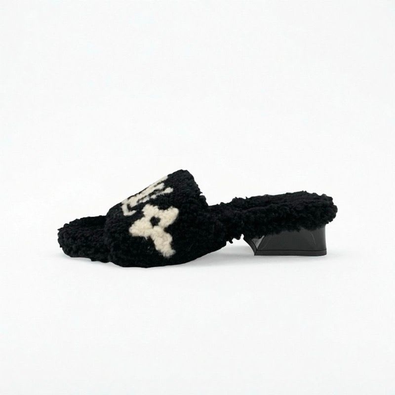 Louis Vuitton Paseo Line Monogram Sandals Shoes Shearling Black White Mule — view 3