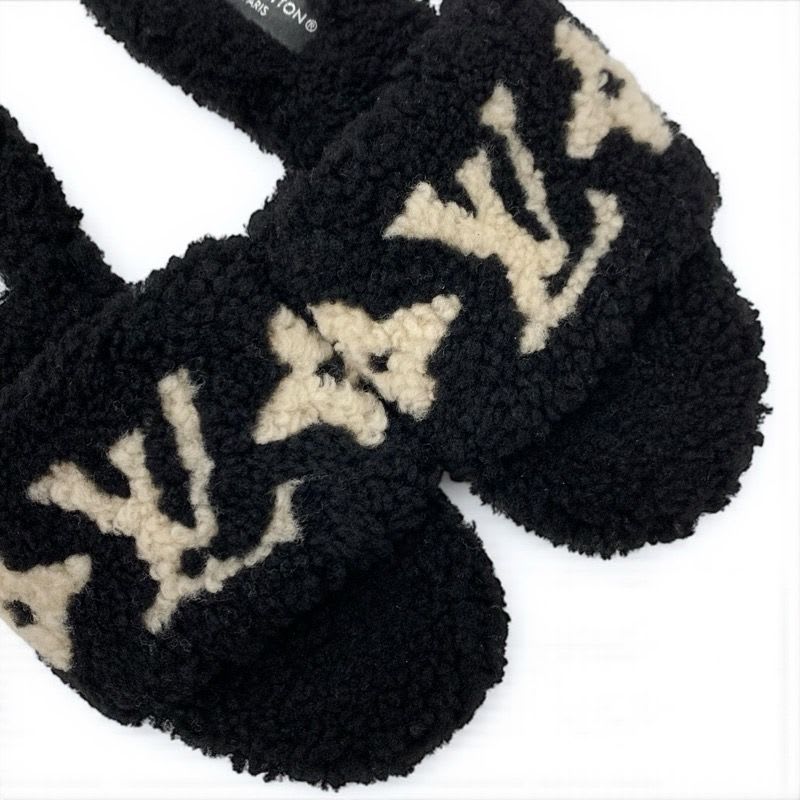 Louis Vuitton Paseo Line Monogram Sandals Shoes Shearling Black White Mule — view 9