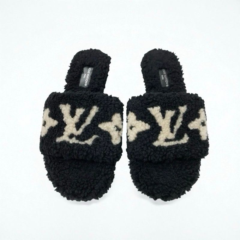 Louis Vuitton Paseo Line Monogram Sandals Shoes Shearling Black White Mule — view 2
