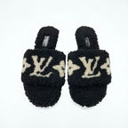 Louis Vuitton Paseo Line Monogram Sandals Shoes Shearling Black White Mule — view 2