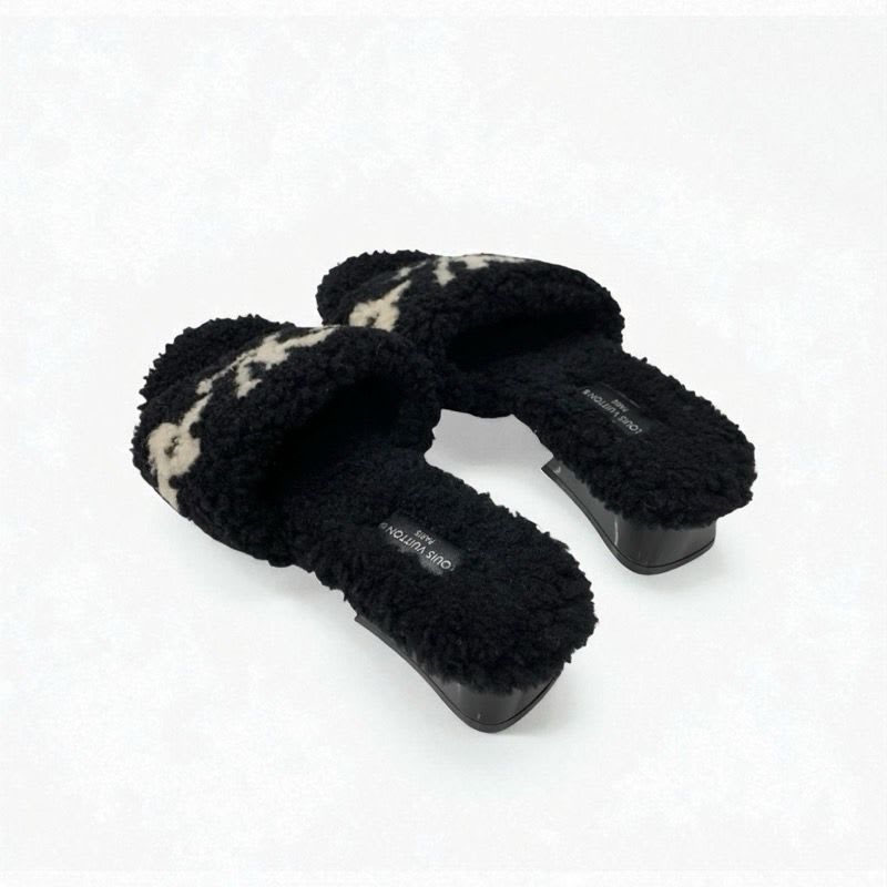 Louis Vuitton Paseo Line Monogram Sandals Shoes Shearling Black White Mule — view 4
