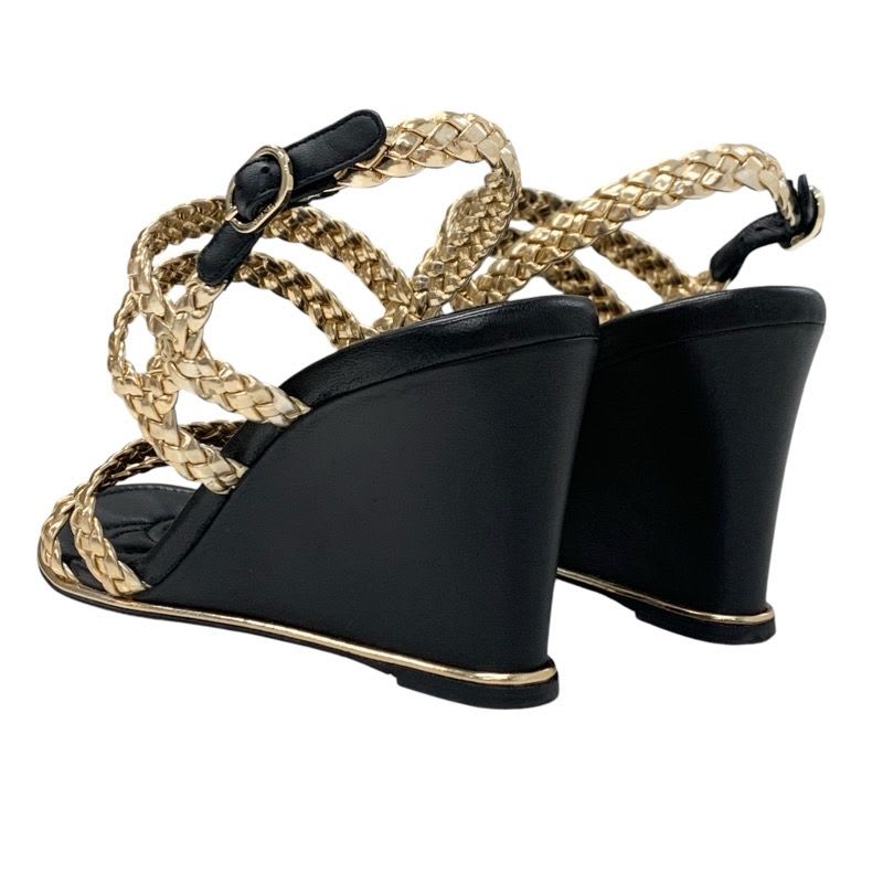 Chanel Sandals Shoes Leather Black Gold Coco Mark Braided Strap — view 4