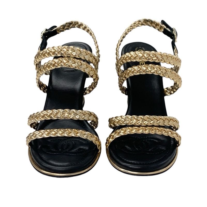 Chanel Sandals Shoes Leather Black Gold Coco Mark Braided Strap — view 2
