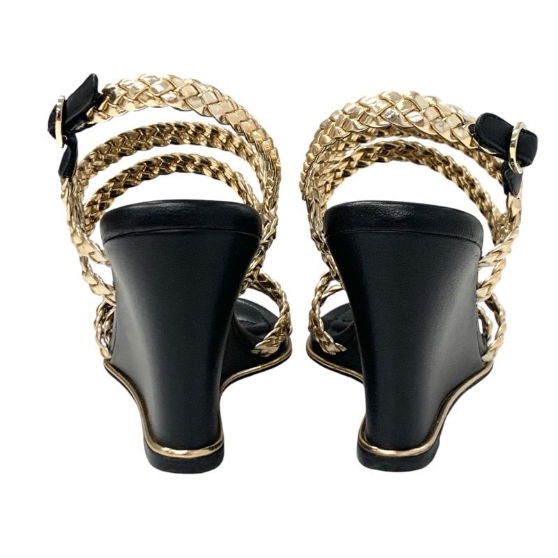 Chanel Sandals Shoes Leather Black Gold Coco Mark Braided Strap — view 5