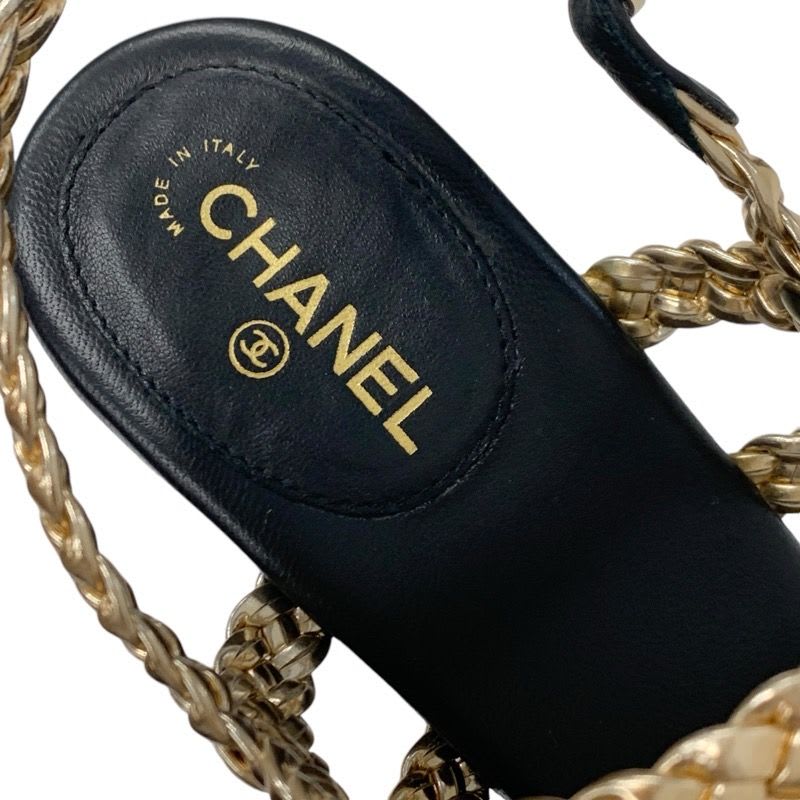 Chanel Sandals Shoes Leather Black Gold Coco Mark Braided Strap — view 7