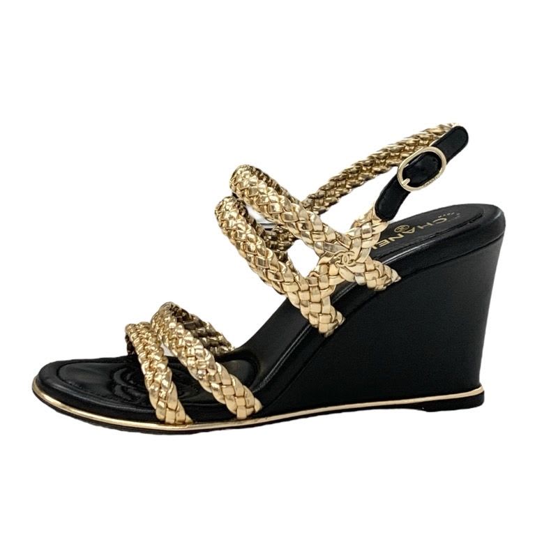 Chanel Sandals Shoes Leather Black Gold Coco Mark Braided Strap — view 3
