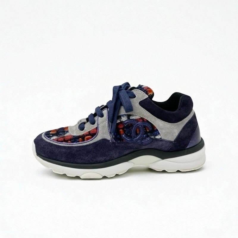 Chanel Sneakers Shoes Suede Fabric Navy Multicolor Coco Mark Tweed — view 3