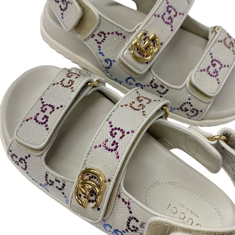 Gucci Double G Sandals Shoes Fabric Leather Ivory Multicolor Gold GG Marmont — view 9