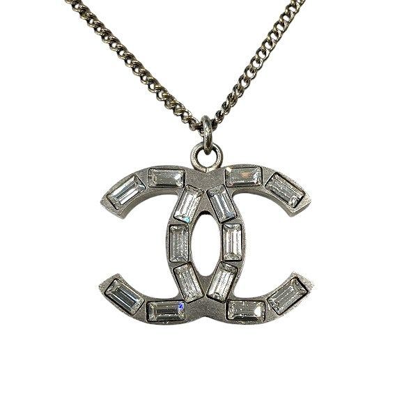Chanel Silver CC Logo Stone Lame Reversible Necklace