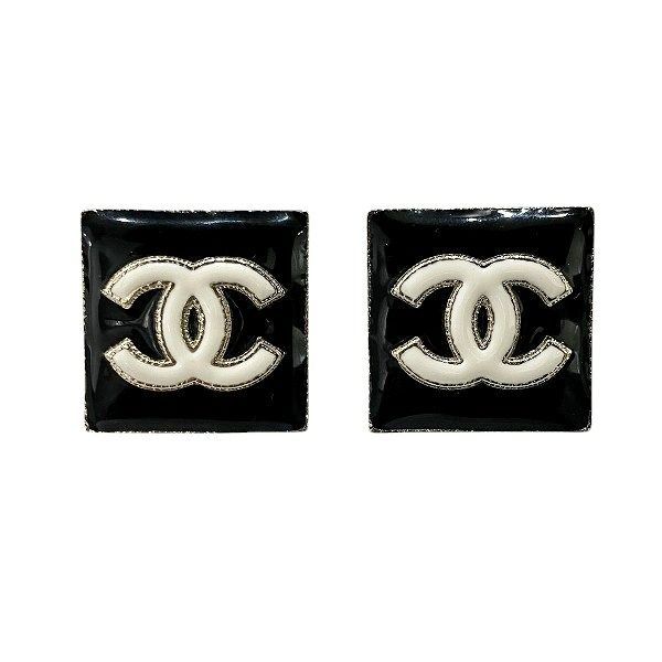Chanel Gold Black CC Logo Square Earrings