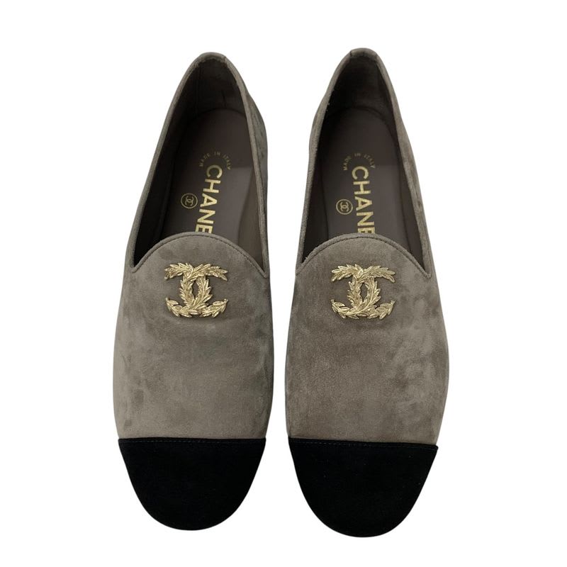 Chanel Flat Shoes Suede Gray Black Gold Coco Mark Loafers — view 2