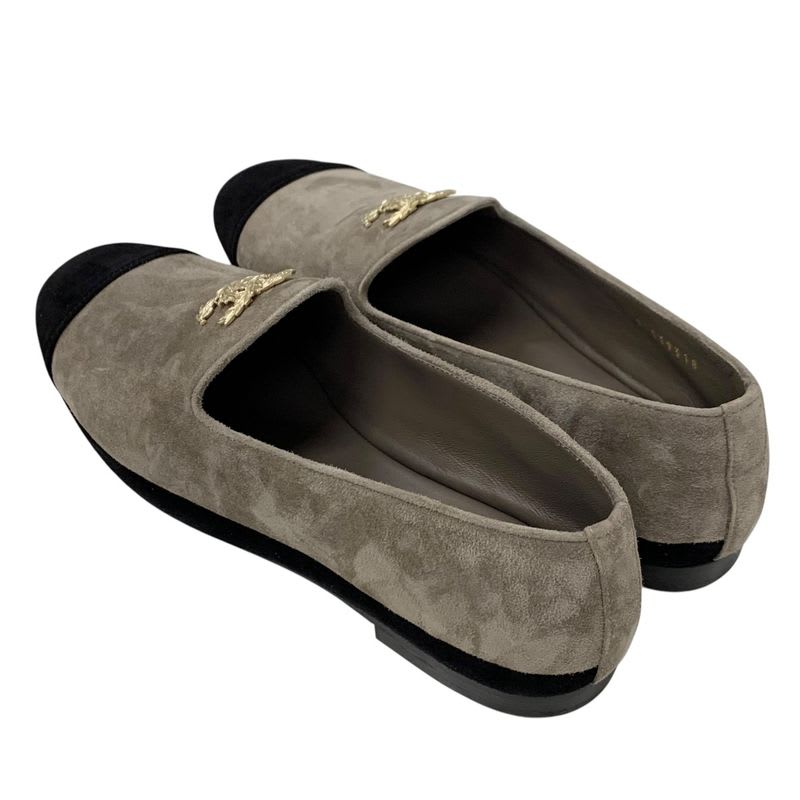 Chanel Flat Shoes Suede Gray Black Gold Coco Mark Loafers — view 4