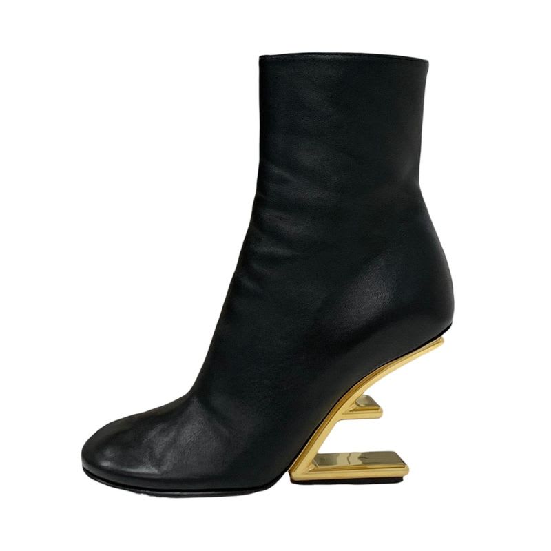 Fendi First Boots Short Shoes Leather Black Gold F Logo — view 3