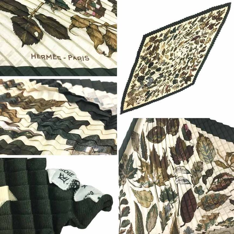 Hermes Pleated Carre Scarf Tourbillon Gale Swirl Falling Leaves Beige Khaki New — view 2