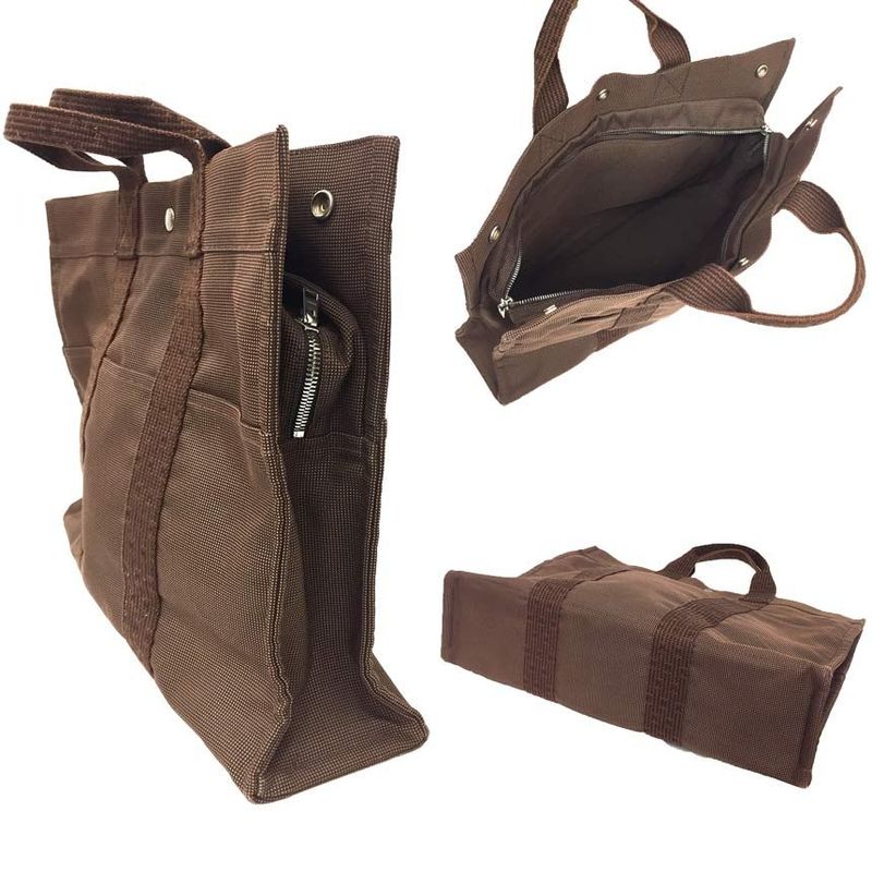 Hermes Her Line Tote Bag MM Nylon Canvas Brown Men Women Back — view 3