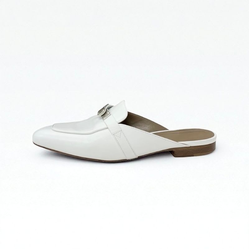 Hermes Oz Flat Shoes Leather White Silver Kelly Hardware Mule Slipper Sandals — view 3