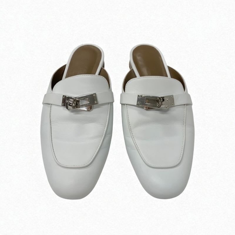 Hermes Oz Flat Shoes Leather White Silver Kelly Hardware Mule Slipper Sandals — view 2