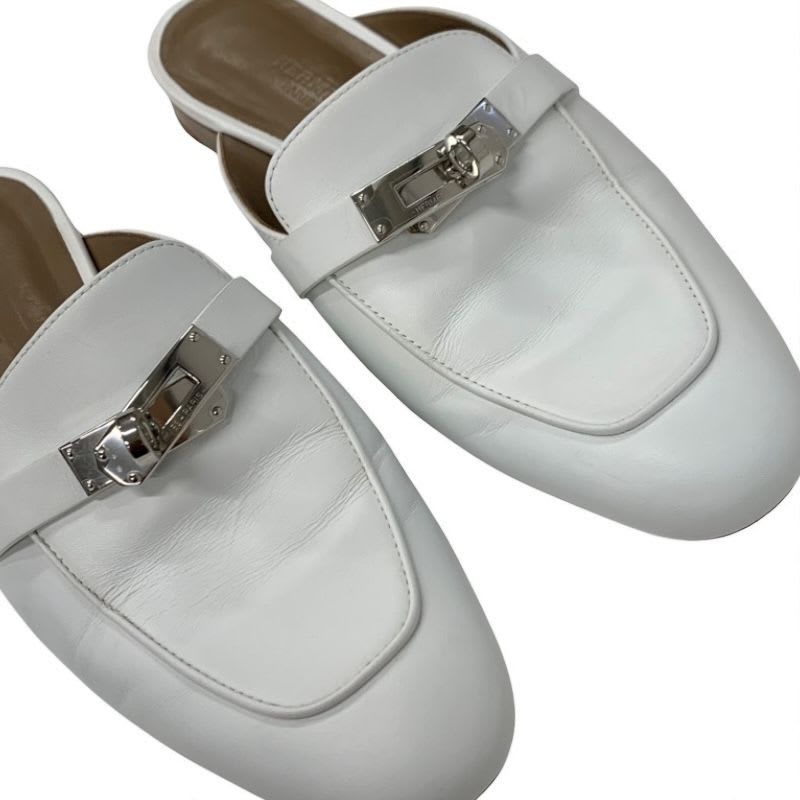 Hermes Oz Flat Shoes Leather White Silver Kelly Hardware Mule Slipper Sandals — view 9
