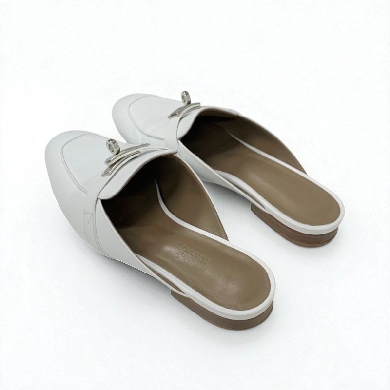 Hermes Oz Flat Shoes Leather White Silver Kelly Hardware Mule Slipper Sandals — view 4