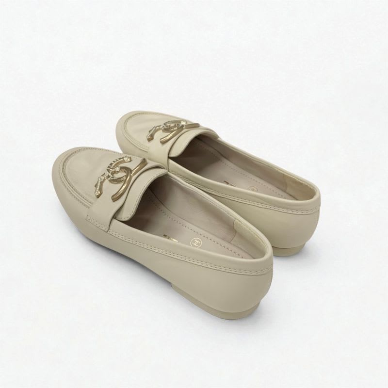 Chanel Loafer Leather Shoes Beige Gold Coco Mark Flat — view 4