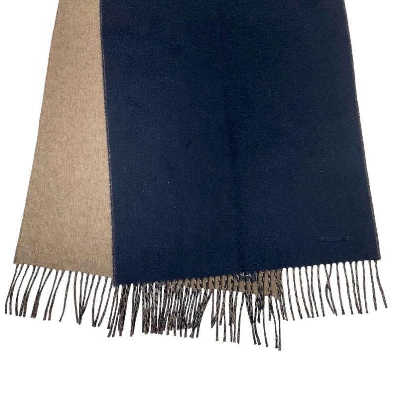 Hermes Scarf Cashmere Navy Brown Logo Double Face Shawl — view 5