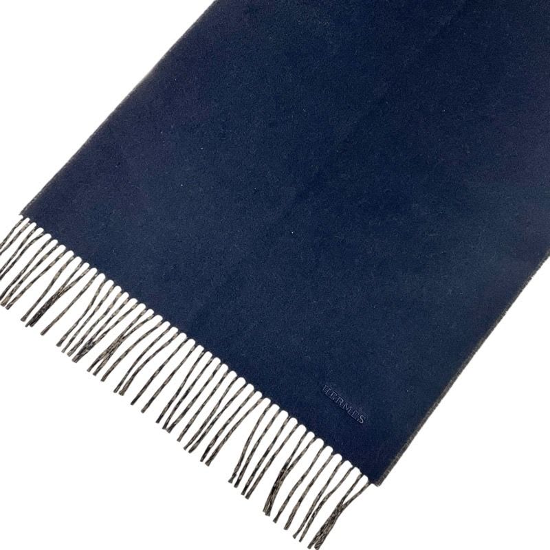 Hermes Scarf Cashmere Navy Brown Logo Double Face Shawl — view 3
