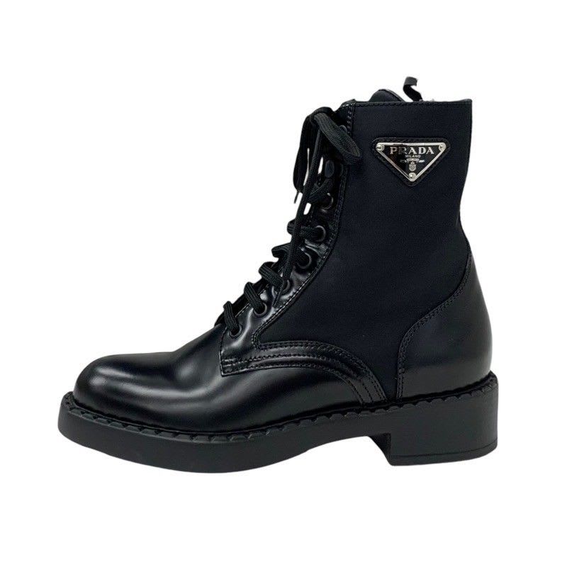 Prada Boots Short Shoes Leather Nylon Black Silver Triangle Logo Lace Up — view 3