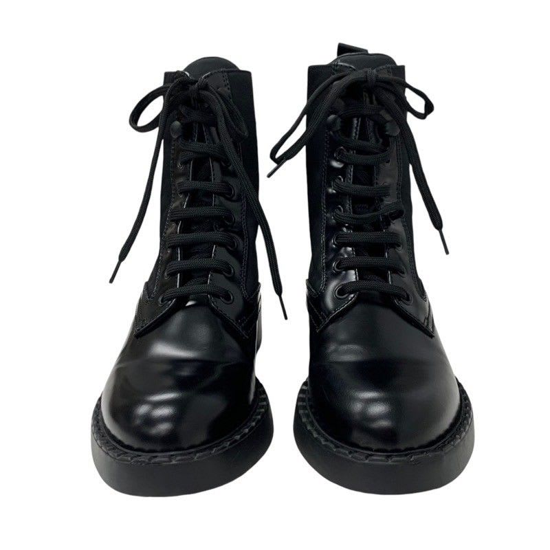 Prada Boots Short Shoes Leather Nylon Black Silver Triangle Logo Lace Up — view 2