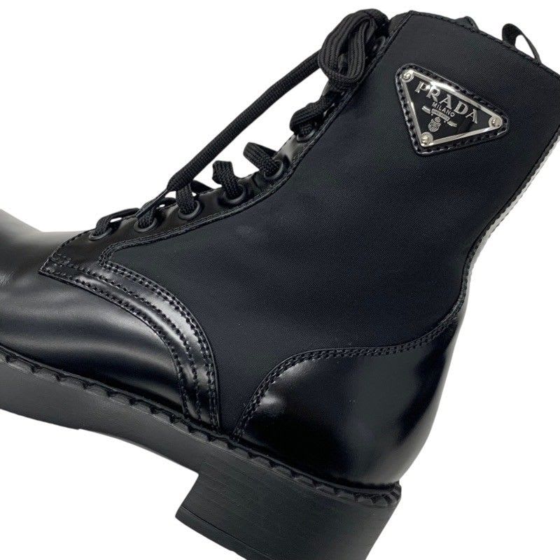 Prada Boots Short Shoes Leather Nylon Black Silver Triangle Logo Lace Up — view 8