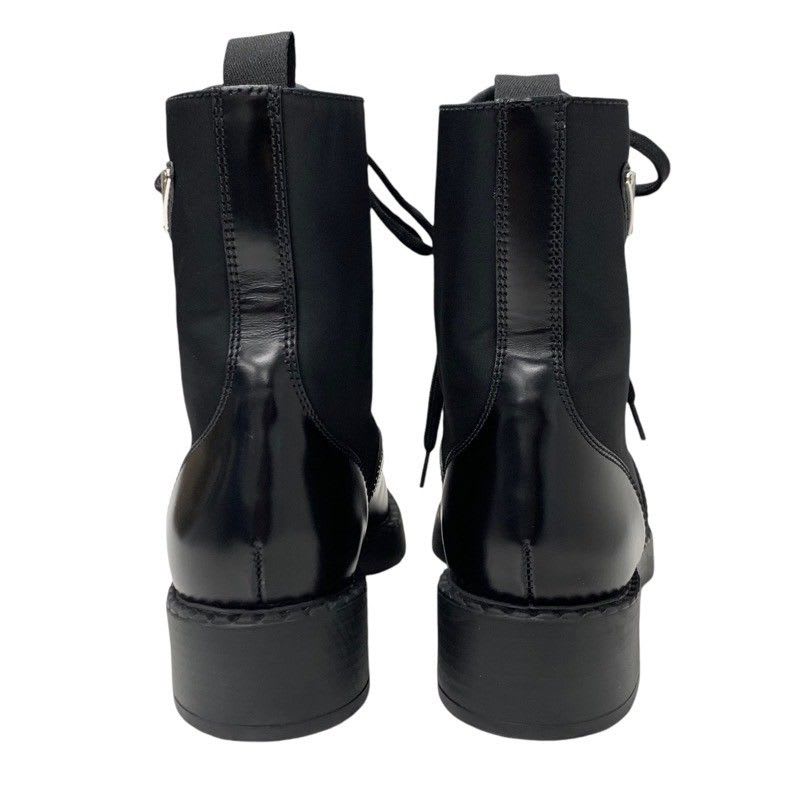 Prada Boots Short Shoes Leather Nylon Black Silver Triangle Logo Lace Up — view 4
