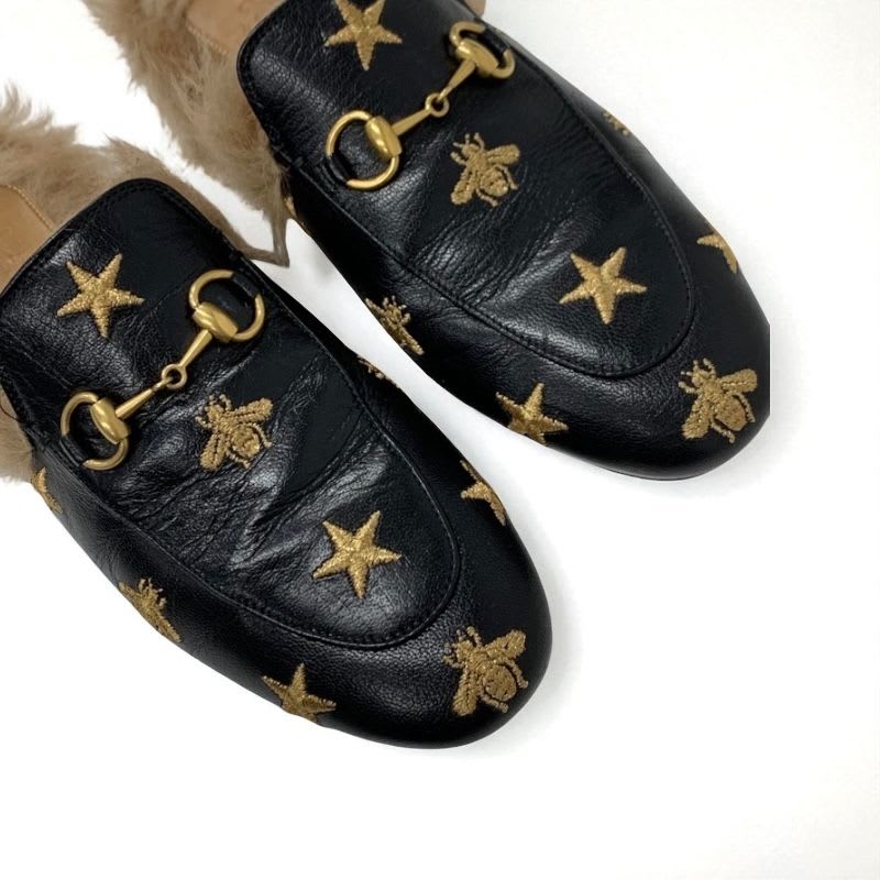 Gucci Prince Town Flat Shoes Leather Fur Black Brown Gold Horsebit Star Bee — view 9