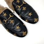 Gucci Prince Town Flat Shoes Leather Fur Black Brown Gold Horsebit Star Bee — view 9