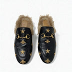 Gucci Prince Town Flat Shoes Leather Fur Black Brown Gold Horsebit Star Bee — view 2