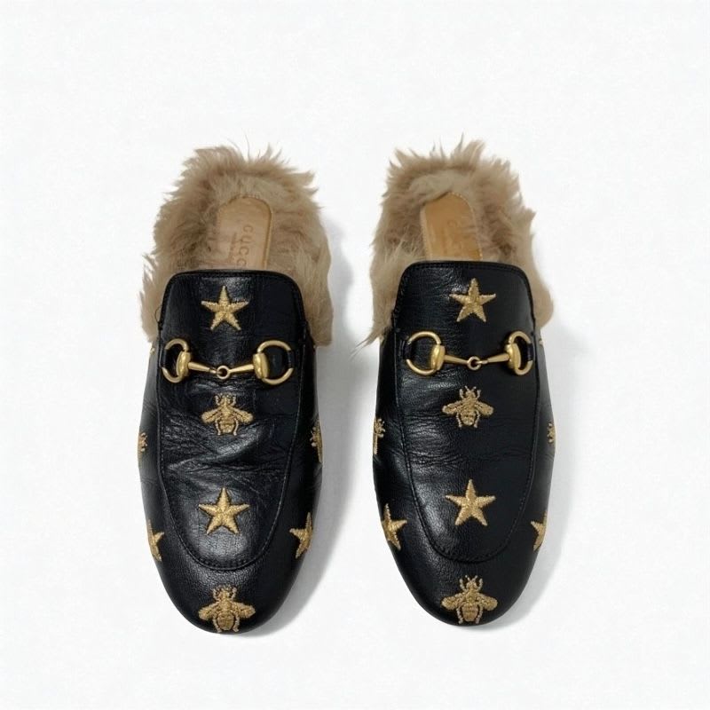 Gucci Prince Town Flat Shoes Leather Fur Black Brown Gold Horsebit Star Bee — view 2