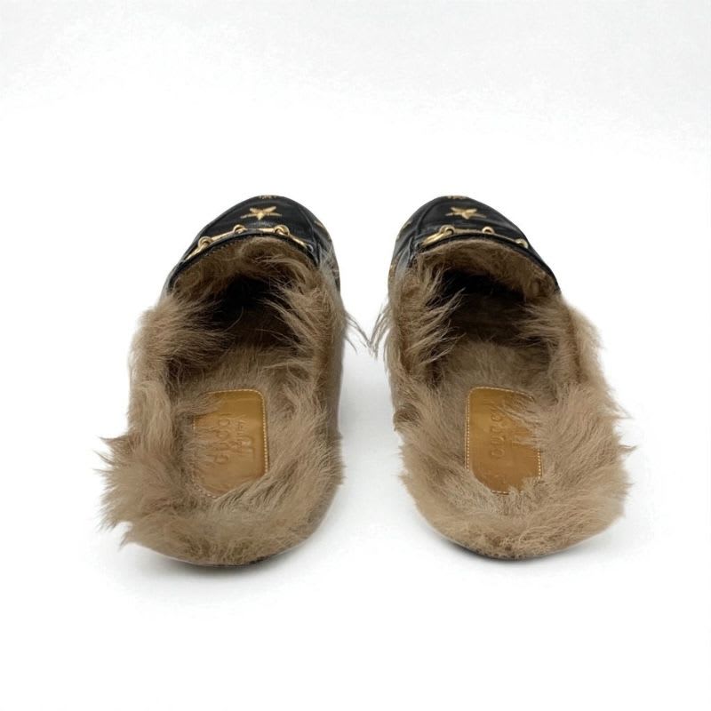 Gucci Prince Town Flat Shoes Leather Fur Black Brown Gold Horsebit Star Bee — view 5
