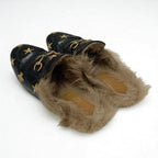 Gucci Prince Town Flat Shoes Leather Fur Black Brown Gold Horsebit Star Bee — view 4