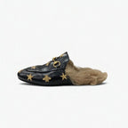 Gucci Prince Town Flat Shoes Leather Fur Black Brown Gold Horsebit Star Bee — view 3