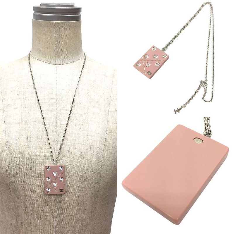 Chanel Plate Necklace Heart Rhinestone Pink Plastic Accessories — view 3