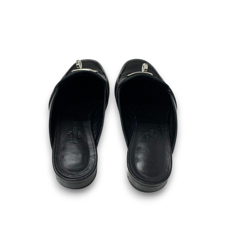 Hermes Oz Flat Shoes Leather Black Silver Kelly Hardware Mules — view 5