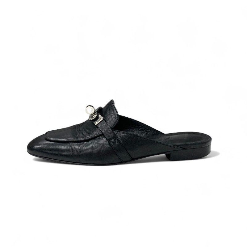 Hermes Oz Flat Shoes Leather Black Silver Kelly Hardware Mules — view 3