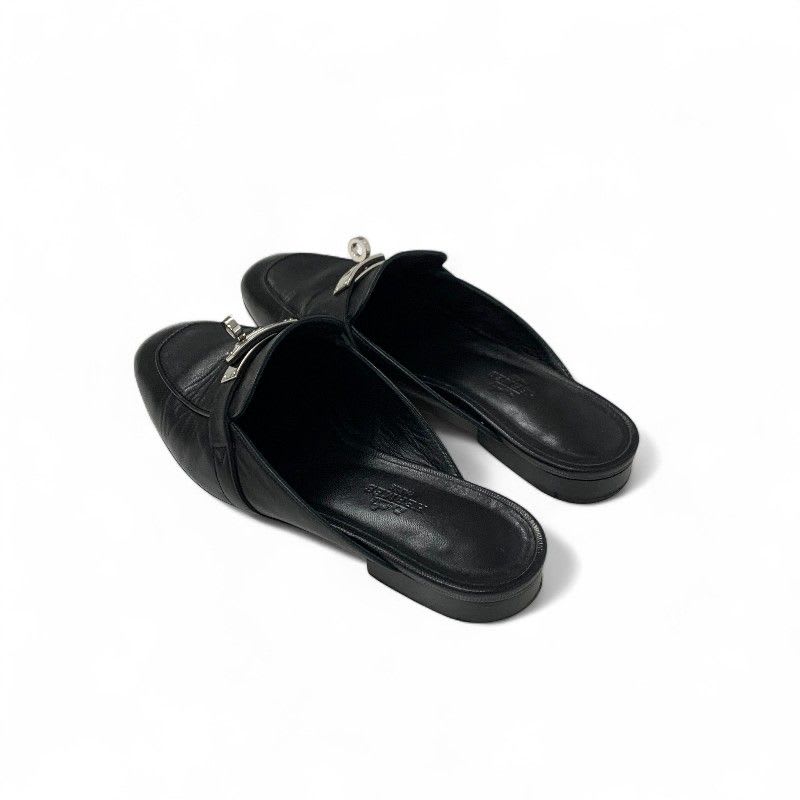 Hermes Oz Flat Shoes Leather Black Silver Kelly Hardware Mules — view 4