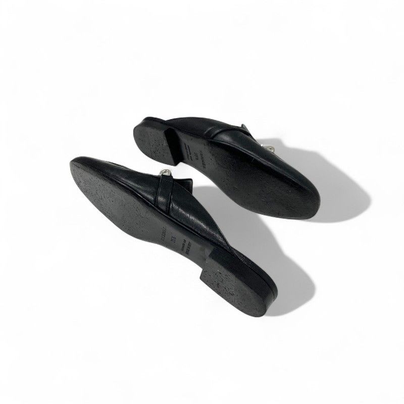 Hermes Oz Flat Shoes Leather Black Silver Kelly Hardware Mules — view 6