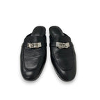 Hermes Oz Flat Shoes Leather Black Silver Kelly Hardware Mules — view 2