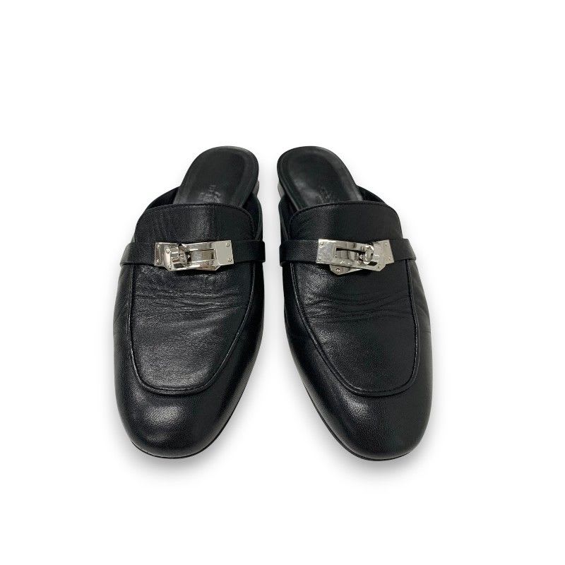 Hermes Oz Flat Shoes Leather Black Silver Kelly Hardware Mules — view 2