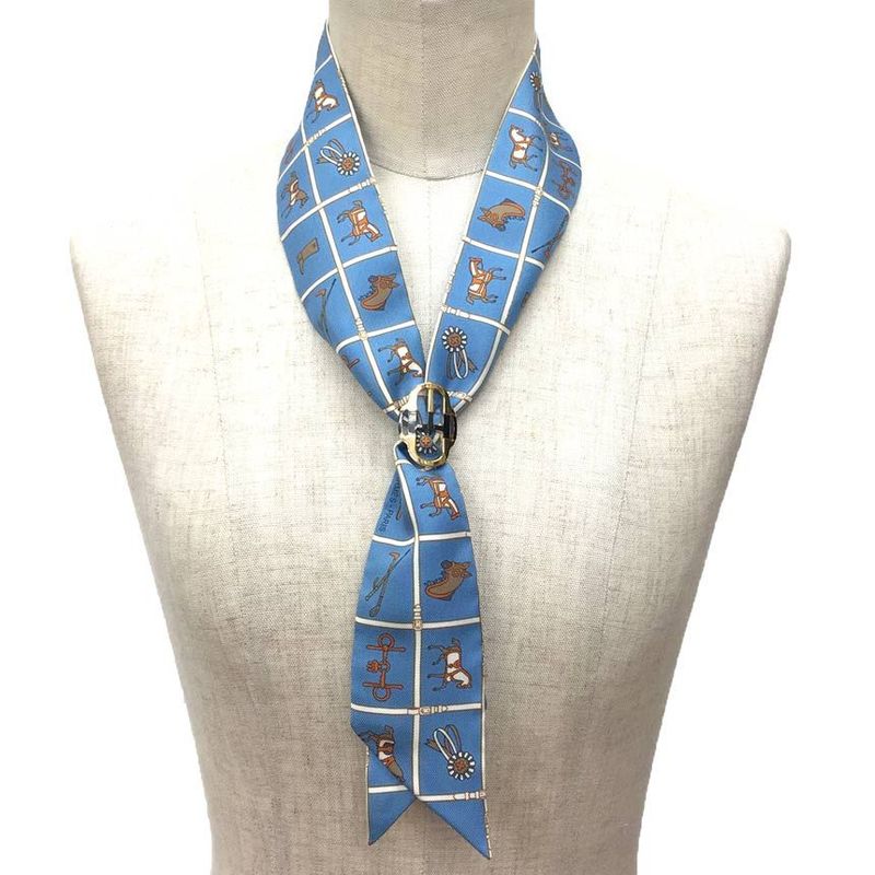 Hermes Twilly Tie Scarf Couvertures Et Tenues De Jour Horsewear Blue — view 3
